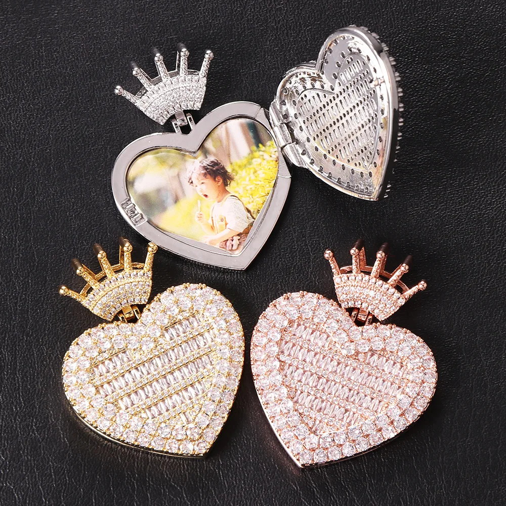 

2pcs/ Bag Hip hop style flip up heart-shaped photo frame crown pendant adorned with zirconia sublimation necklace