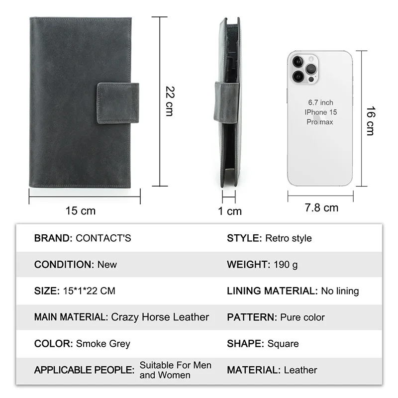 CONTACT'S Genuine Leather Passport Wallet Men Card Pen Holder Safe Grey Money Bag Storage Male Work Travel Gift Coin Purse