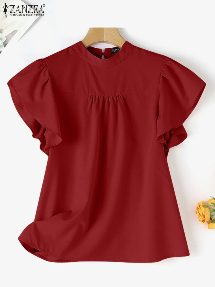 

Vintage Pleated Blouse ZANZEA Summer Elegant Solid Shirt Women Short Sleeve O Neck Blusas Fashion Loose Tops Tunic Baggy Chemise