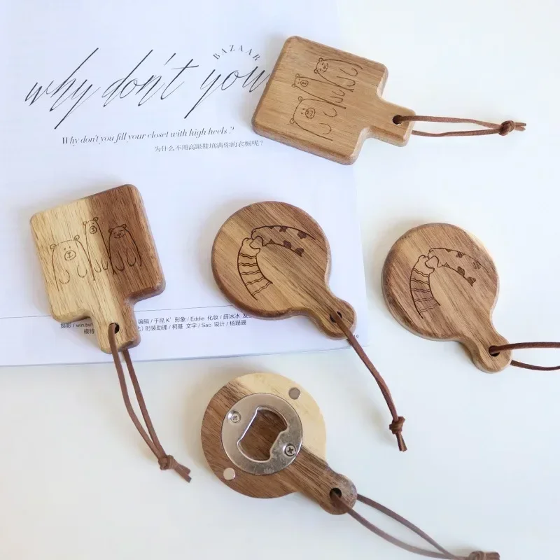 1PCS Free Custom Wooden Bottle Beer Opener Magnetic Manual Wooden Hanging Hole Refrigerat Paste Beer Engraving Logo Wood Opener