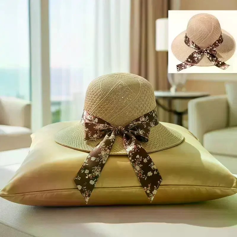 Beige Wide Brim Straw Sun Hat With Polka Dot Ribbon Bow Sun Protection For Summer Beach Outdoor Activities