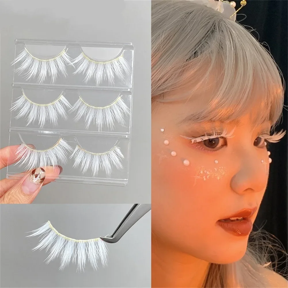 3Pairs of White Natural Crossed False Eyelashes Bushy Extension Anime Imitation Cosplay Exaggerated Makeup White False Eyelashes