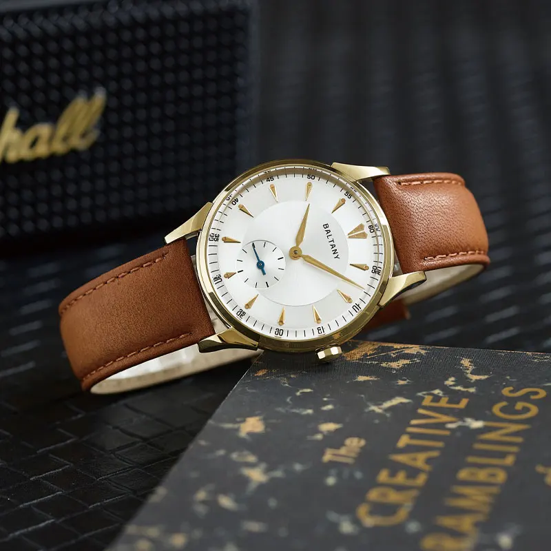Baltany Vintage mechanische Armbanduhr, 38,5 mm, S4101, Retro, Gentleman, elegant, formell, kleine Sekunde, Saphirleder, Büro, Alltag, W – Detail 2