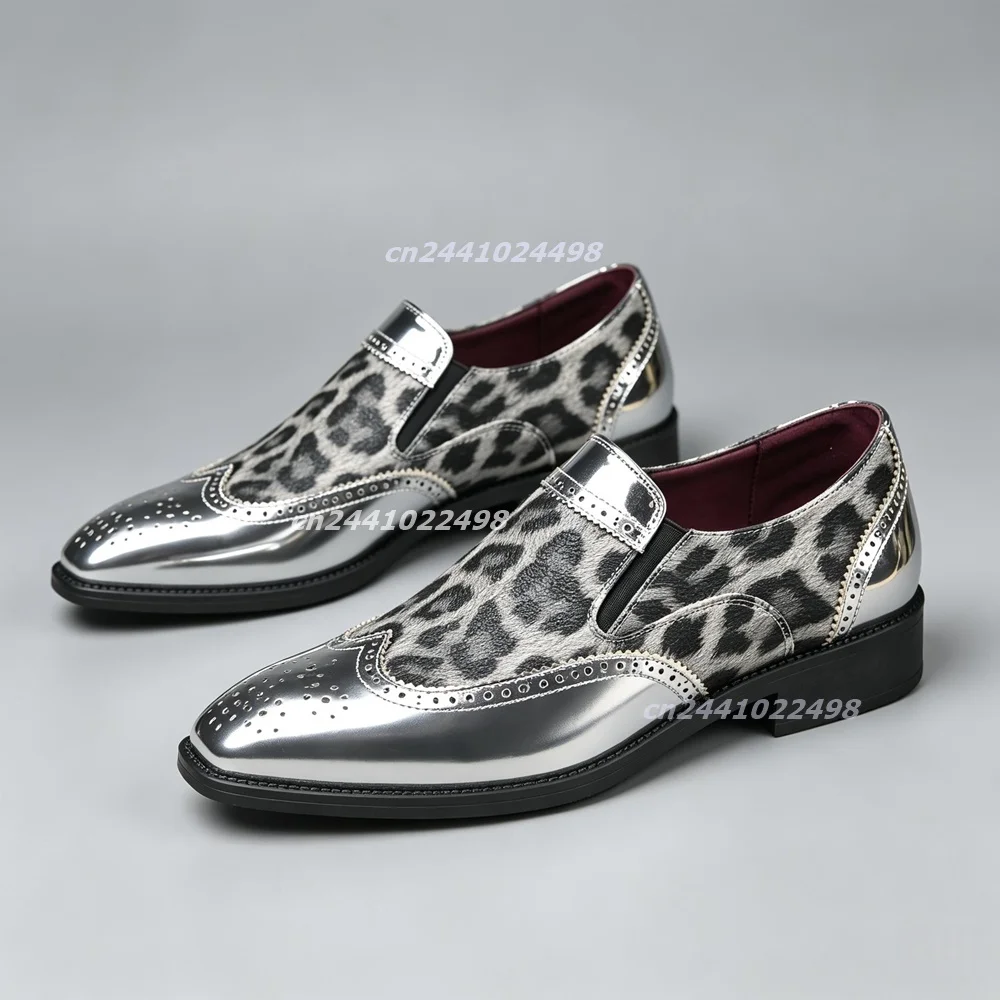 Men's Leopard Print Upper Slip On Brogue Dress Shoe Shiny Golden Mirror Toe Cap Carving Block Heel Fashion Party Shoe Large Size