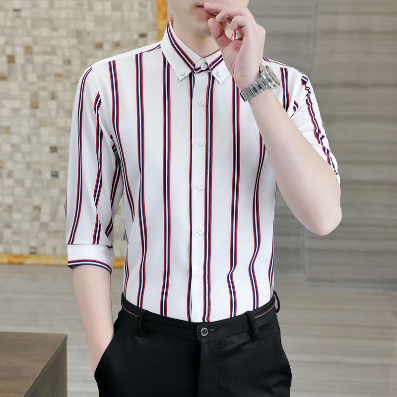 

Summer New Men's Striped irt Casual ort Sve Busin Faion Polyester Fiber No Iron Treaent Haome Top