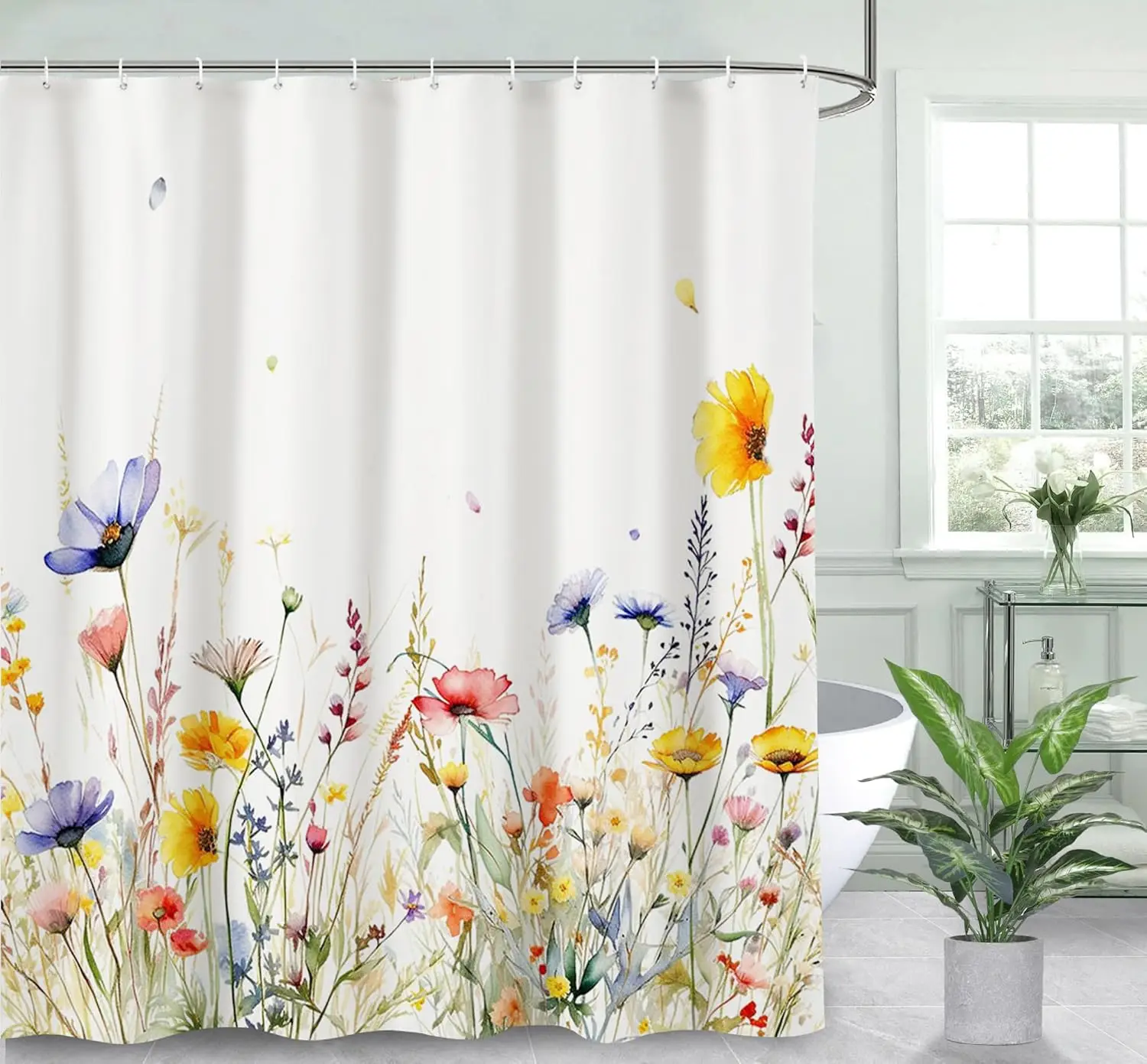 

Spring Flower Shower Curtain Watercolor Floral Plant Decoration Shower Curtains Rustic Nature Colorful Wildflower Shower Curtain