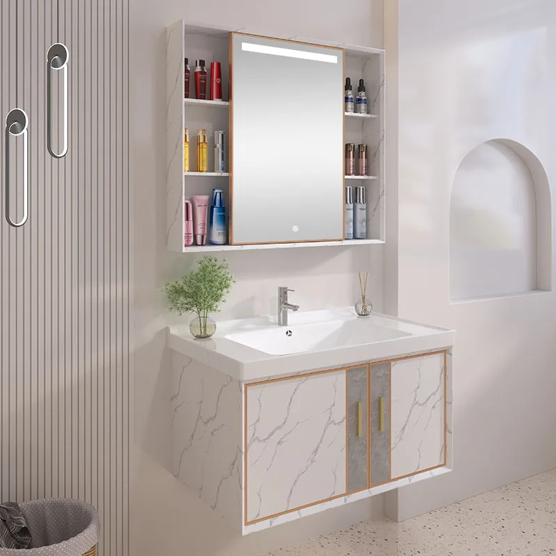 Mueble de baño de madera contrachapada con espejo, mueble con diseño de almacenamiento, lavabo, medicina, luz Led