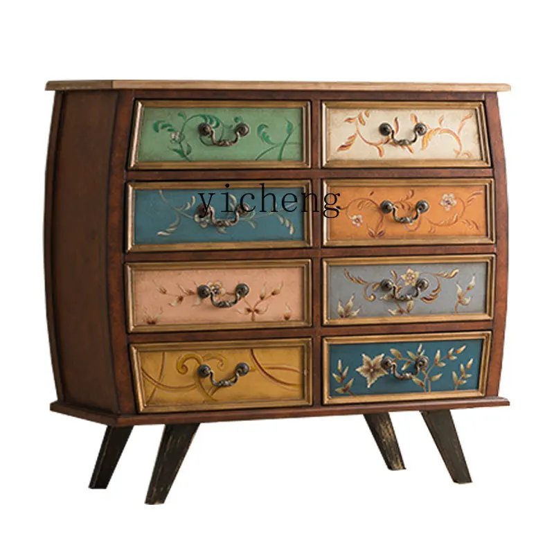 ZC Solid Wood Hand-Painted Storage Multi-Drawer Cabinet Entrance Cabinet Wall Living Room Decoration Cabinet Locker