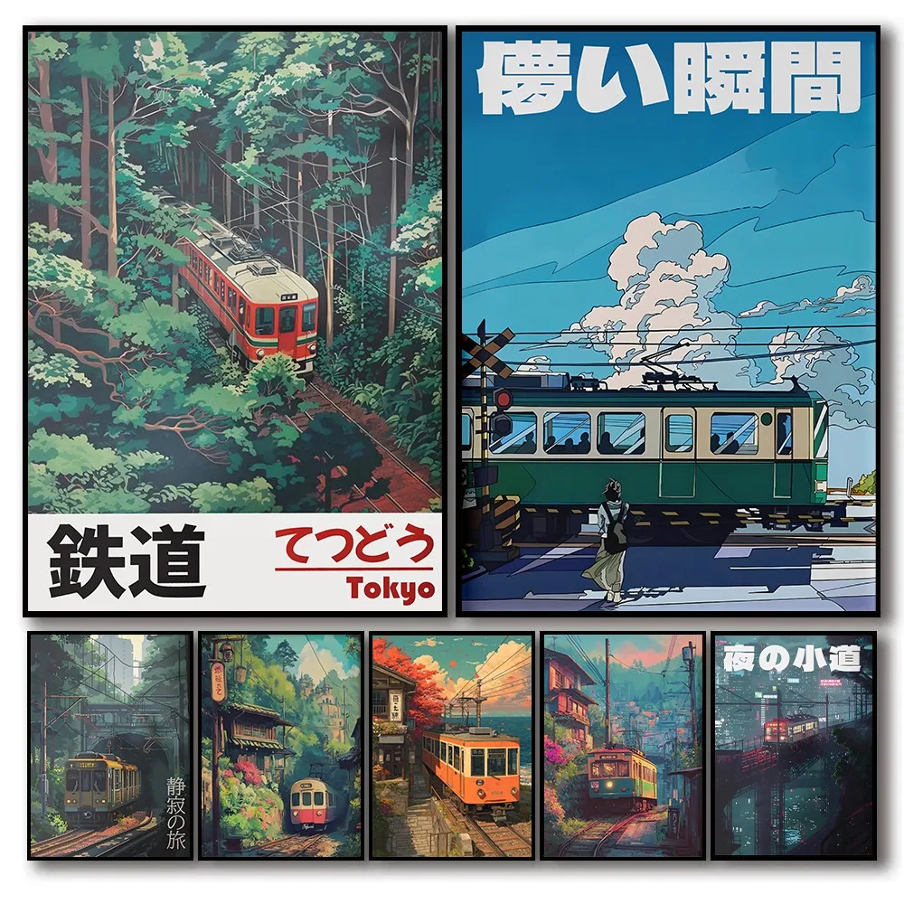 1 قطعة فرملس الرجعية اليابانية المشهد قماش الطباعة السكك الحديدية الآسيوية الجدار ملصق غرفة المعيشة الحديثة غرفة نوم الحمام ديكور المنزل #1