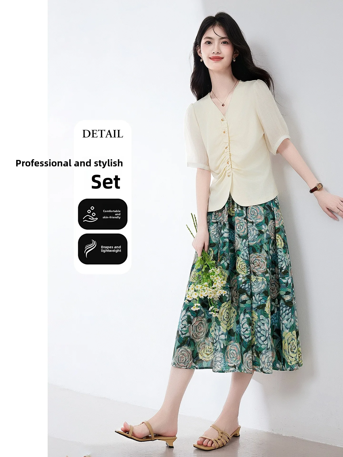 

Faionable High Waist A-Line Skirt And V-Ne irt Women's Set Summer Commute Sle Handmade Sewing ort Sve Nylon Fabric
