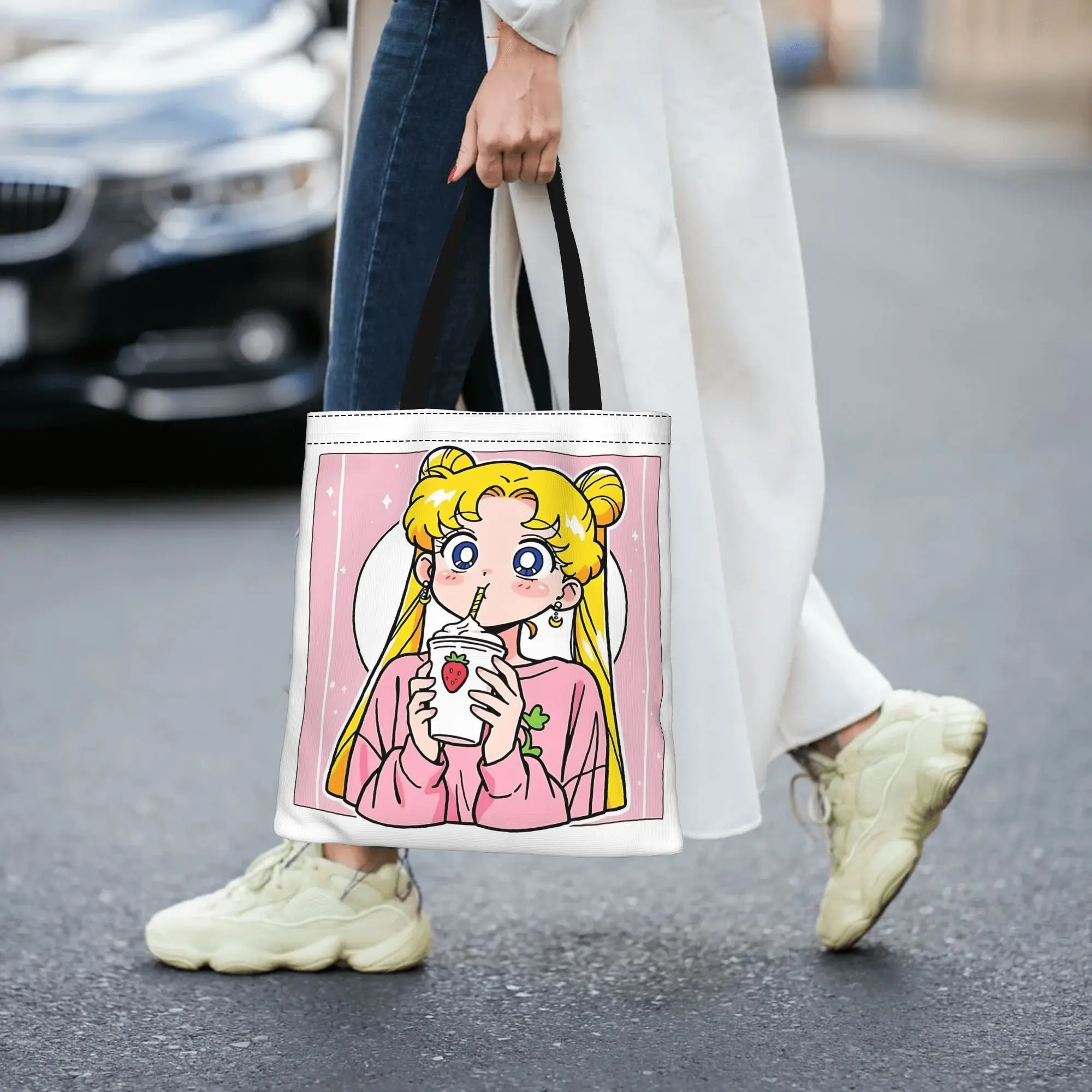 Customized Sailor Moon Women's Bag Shopping Bag Reusable Double Sided Canvas Tote Bag Shoulder  Handbag