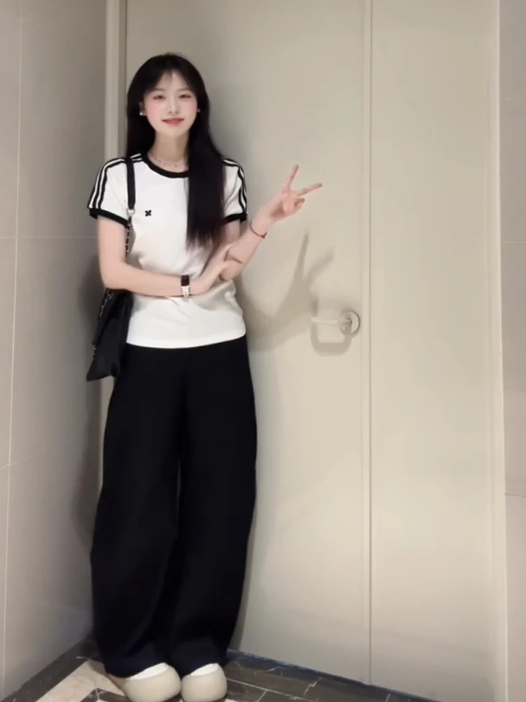 American Retro Color Blo oulder Stripe ort Sve T irt Women Summer Spicy Design Casual ort Top Cotton Polyester B...