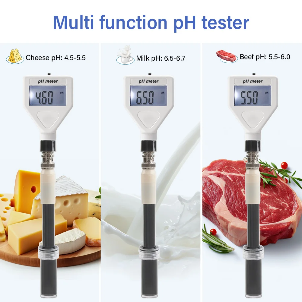 Digital Food PH Meter with High Accuracy Flat Probe ATC 0.00-14.00 pH Tester for Dough Meat Cheese Drinking Water Brewing Food