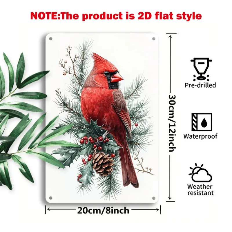 Festive Aluminum Metal Wall Art: Red Cardinal Perched on Pine with Holly & Berries, Wall Decoration, 7.9x11.8