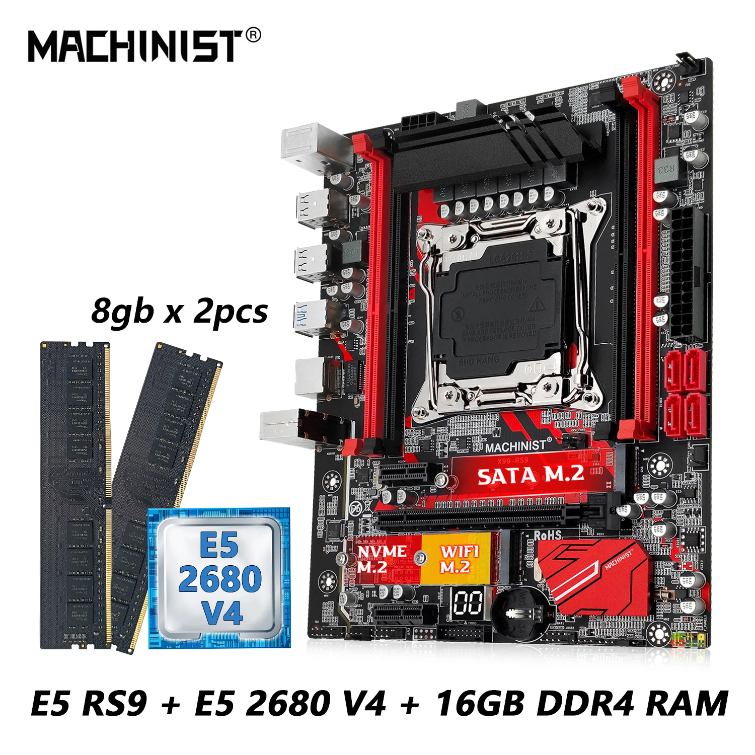 MACHINIST RS9 X99 마더보드 키트, LGA 2011-3 세트, Xeon E5 2680 V4 CPU + DDR4 16GB RAM 메모리 콤보, NVME M.2 4 채널 