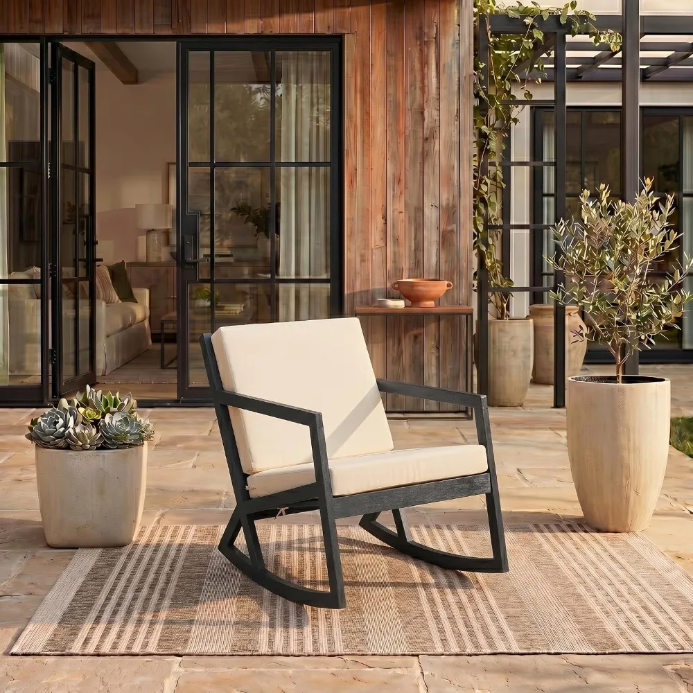 Rocking Chair - Black & Beige - Solid Wood with Cushion - Slatted Design - Perfect for Outdoor Spaces, 24.6