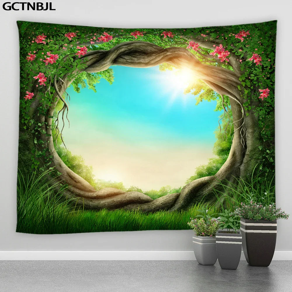 Mushroom Forest Castle Tapestry Fairytale Trippy Colorful Butterfly Wall Hanging Hippie for Home Dorm Fantasy Background Decor