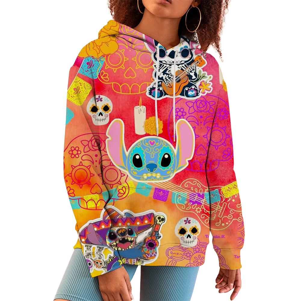 Disney Stitch Hoodies Women Harajuku Pullovers Cute Kawaii Casual Tops O-Neck Angel Print Hooded Sweatshirt Long Sleeves