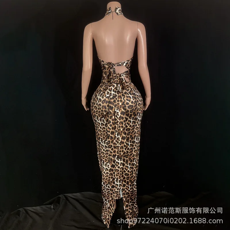 Leopard Print Neck Sexy Backless Seaside Vacation Sunbathing Dress Studio Photo Light Luxury Birthday Party Dress Vestido Festas