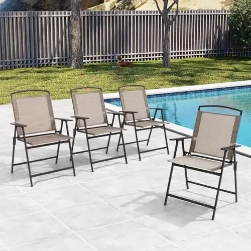 Set of 4 Patio Folding Chairs 4-Pack Dining Chairs Outdoor Portable Sling with Armrest for Camping, Beach, Garden