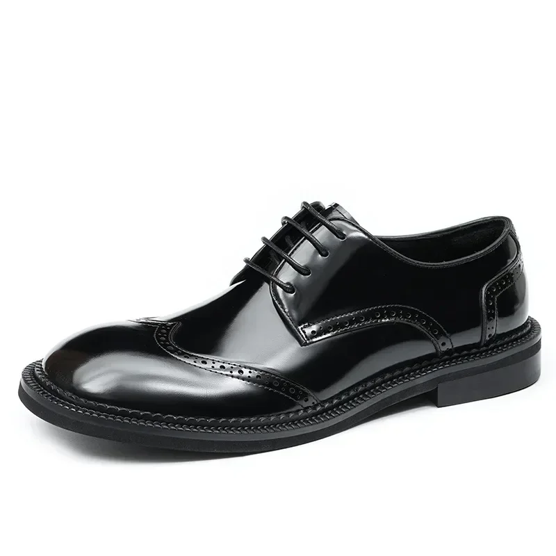 Retro Mens Dress Brogues Shoes Luxury Genuine Leather Round Toe Handmade Fashion Flat Autumn Black Wedding Social Shoes Man 2025