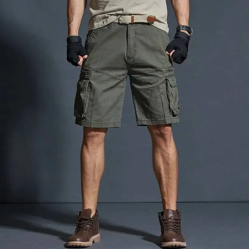 

Летние мужские армейские зеленые шорты-карго с несколькими карманами, повседневные мужские однотонные брюки длиной до колена, свободные брюки большого размера