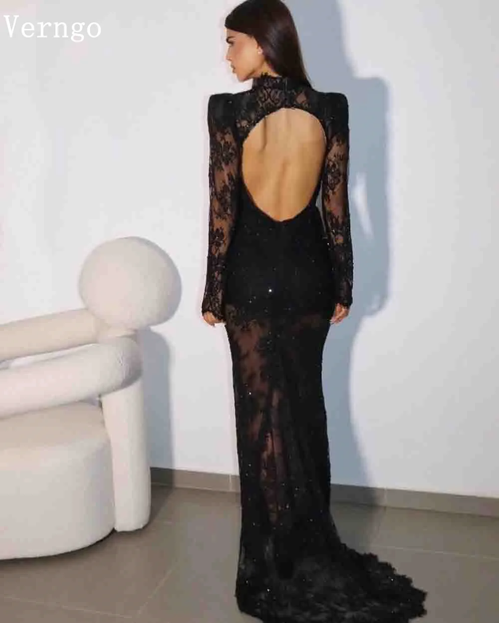 Verngo Black Lace Sequined Evening Dress High Neck Full Sleeves Sexy High Split Arabic Prom Gowns Backless Prom Dress Customized 4