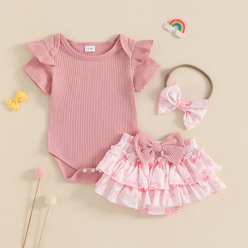 Baby Girl Summer Outfits Solid Color Crew Neck Short Sleeve Romper Bow/Sunflower Print Shorts Headband 3Pcs Clothes Set