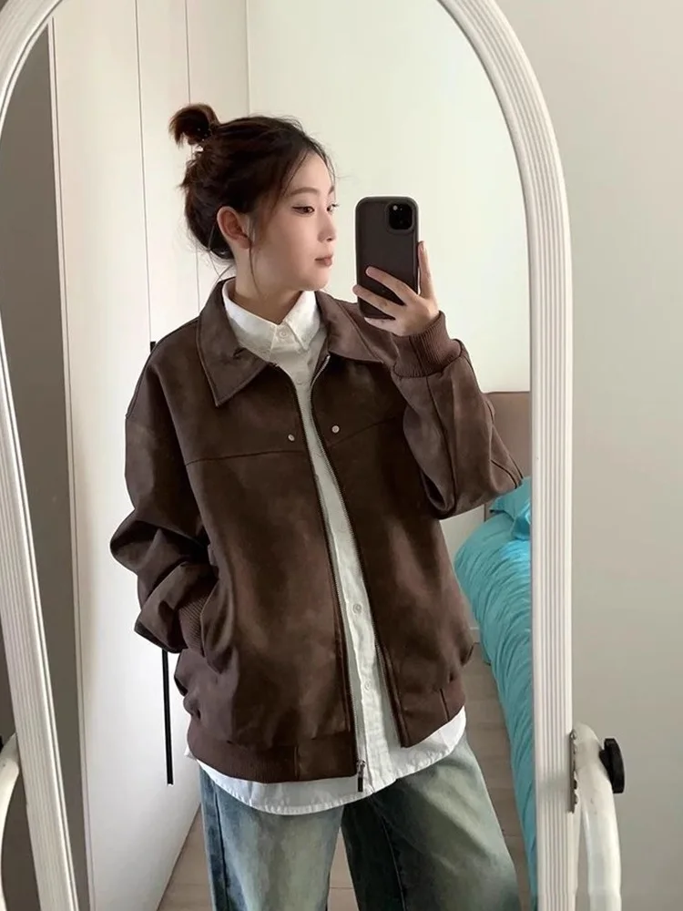 

American Sle Loose Women's Leather Jaet ort Coat Spring Autumn Trendy Vintage Student High End Feeling Zipper ket