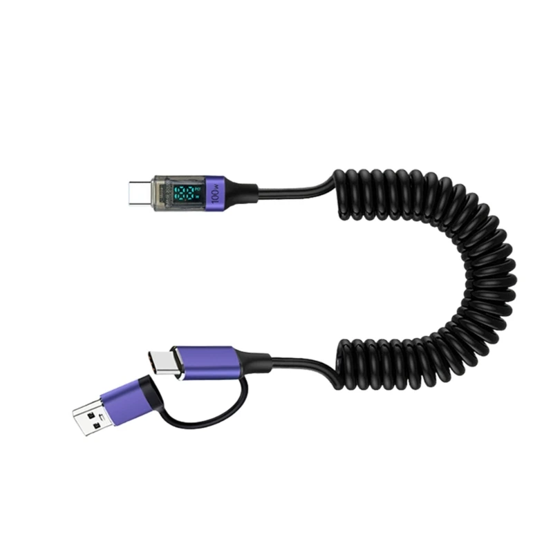 2 in 1 Splitting Digital Display Spring Cable USB C High Power Fast Data Cord with Stretchable Spring Mechanism