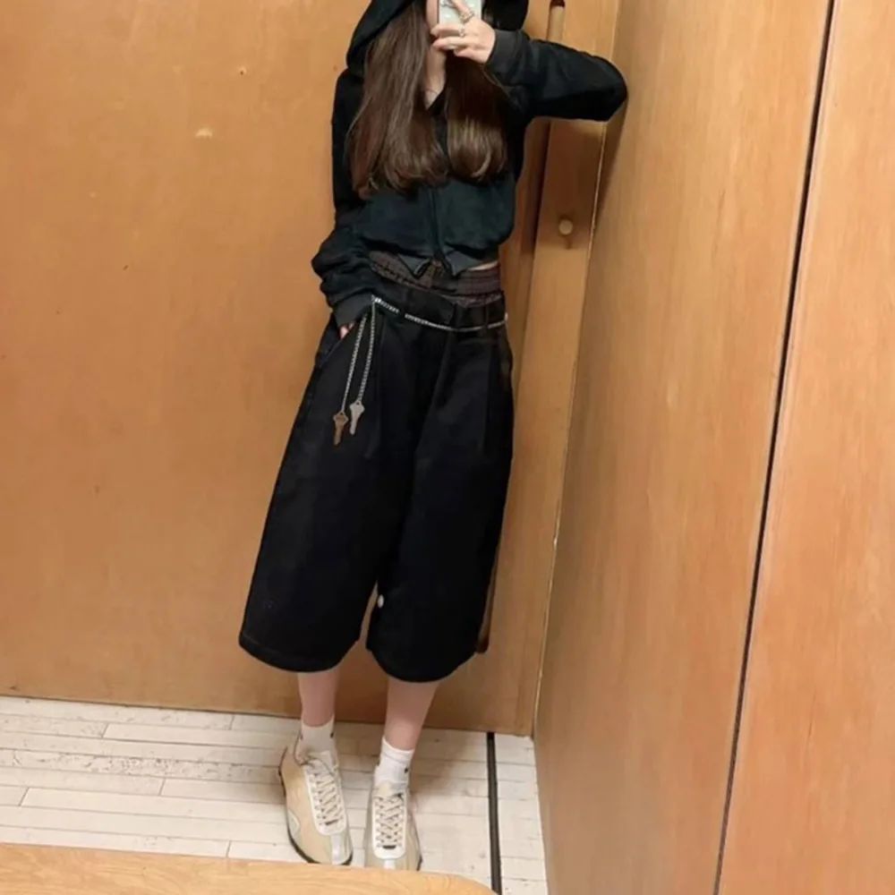 2025, Sommer, neuer Stil, limitierte Auflage, bunte Patchwork-Jeanshose mit doppelter Taille, locker sitzende Damenhose mit weitem Bein