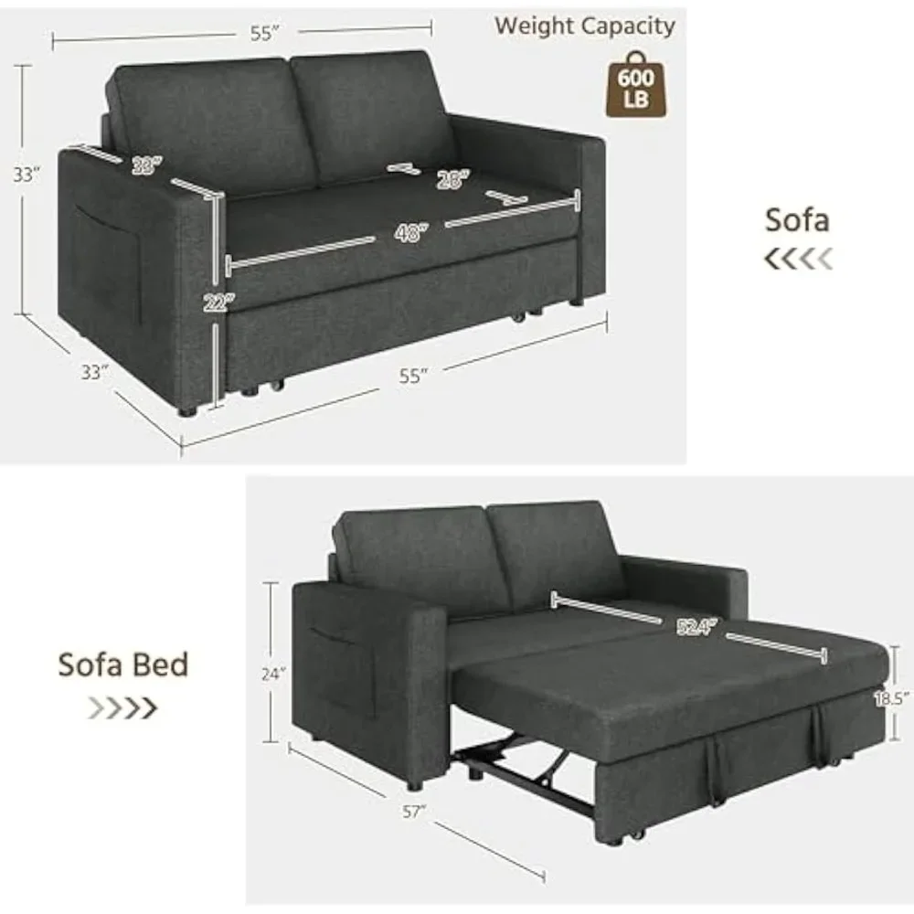 55.5 in Sofa Bed，Trundle Loveseat W/Pull-Out Trundle Bed Sleeper Sofa，for Living Room Bedroom，Convertible Couch Bed