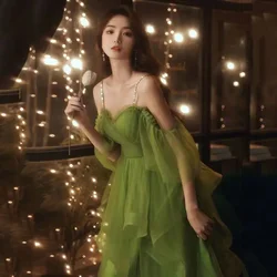 New Sweet Elegant Green Dress Women Runway Ruffle Midcalf Lady Princess Banquet Luxurious Noble Ball Dress Gown 2023 New Fashion