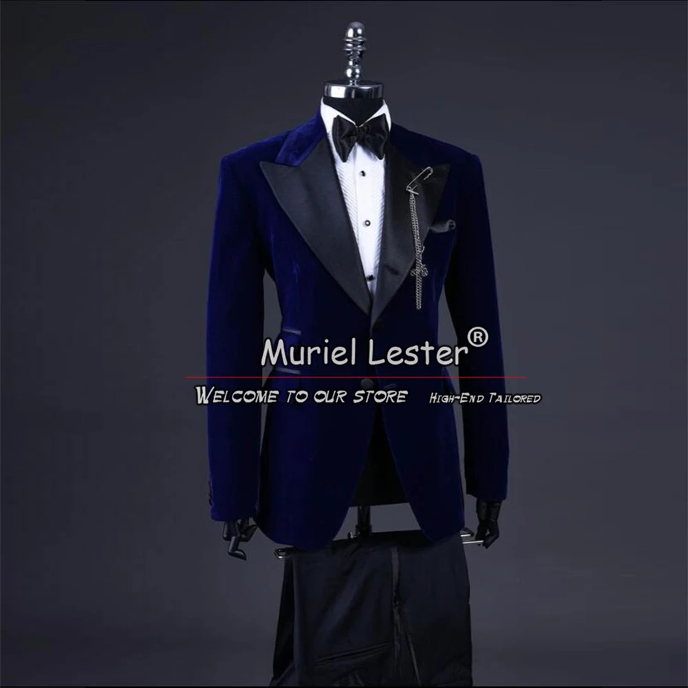 Royal Men Suits For Wedding Navy Velvet Black Notch Lapel Jacket Pants 2 Pieces Prom Party Groom Tuxedos Bespoke Male Clothing