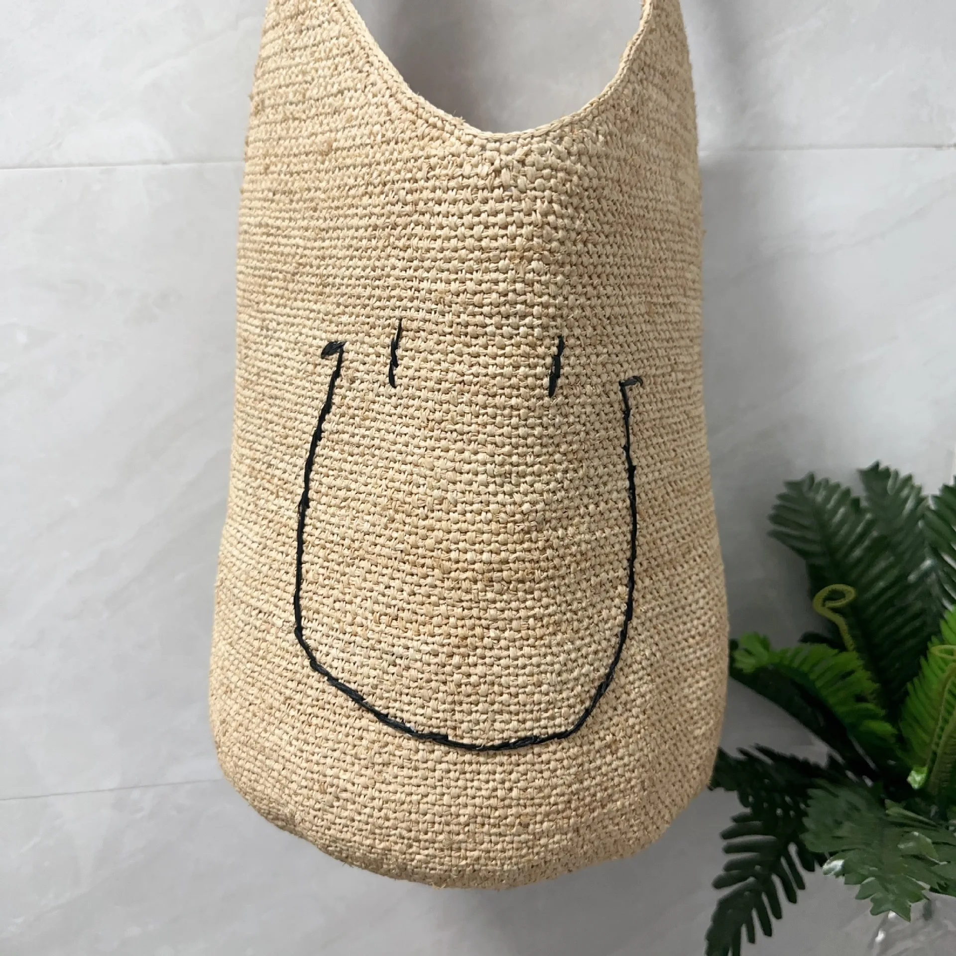 

Handwoven Smile Bucket Bag Women's Summer Crossbody Embroidered Beach Tote Vintage Soft Bag