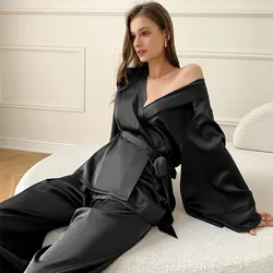 Sexy Female 2PCS Pajamas Set Sleepwear French Style V-Neck Long Sleeve Cardigan Trouser Suits Spring Autumn Loose Satin Homewear