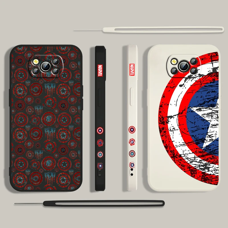 Captain America Shield For Xiaomi Poco Cover For X4 X3 F4 NFC M6 M5 M4 M3 GT S Pro 4G 5G Liquid Left Rope Phone Case