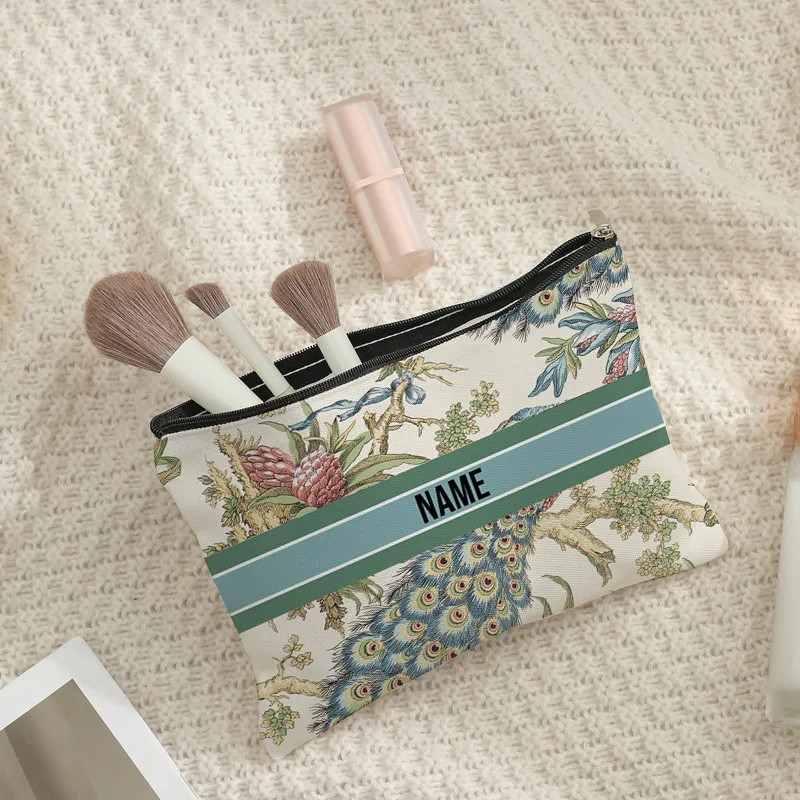 Customized French Toile De Jouy with Peacock Retro Pattern Makeup Cosmetic Bag Personalized Wedding Purse Bridesmaid Gifts Pouch 6