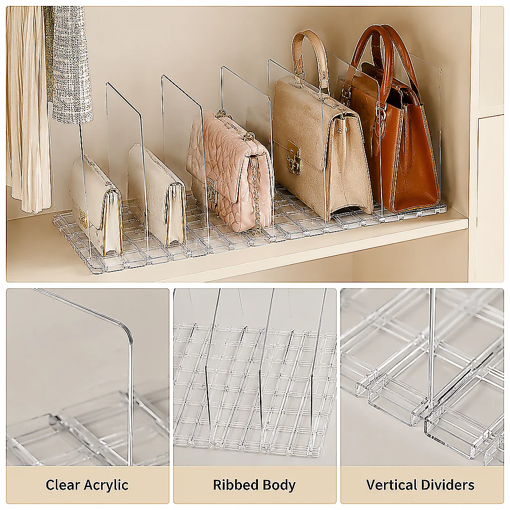 Clear Acrylic Purse Organizer for Closet, 2 Base 7 Pcs Handbag Divider, Adjustable Anti‑Tip Bag Storage Separator, Transparent Wardrobe Shelf Partition for Handbags Wallets