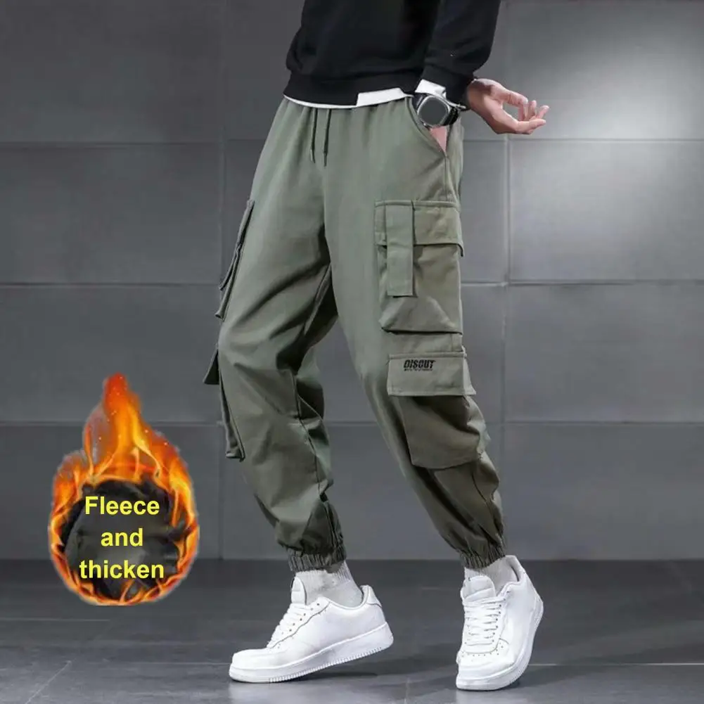 

Men Winter Cargo Pants Elastic Waist Drawstring Multi Pockets Jogger Trousers Thick Fleece Lining Outdoor Cargo Trousers