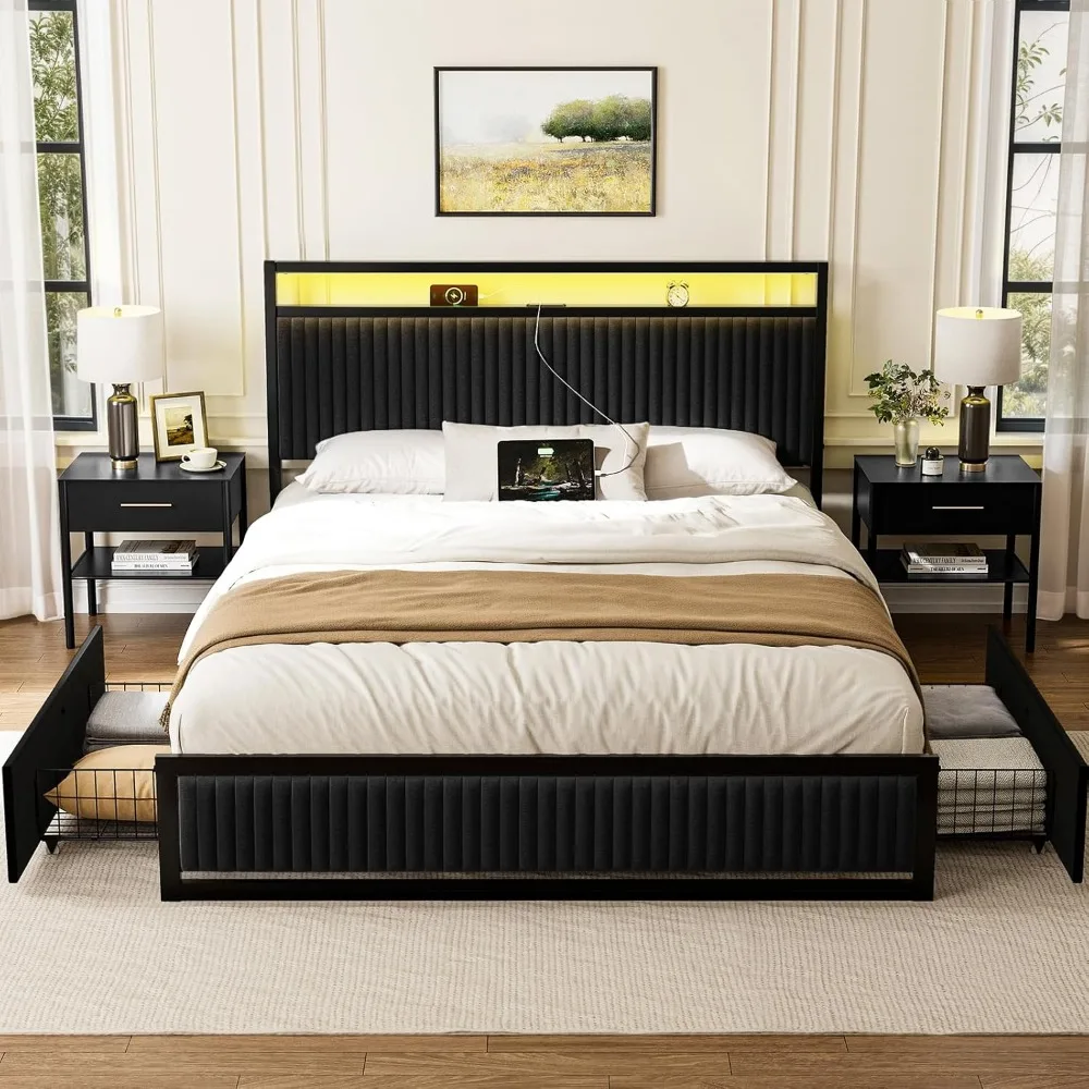 إطار سرير بمنصة مخملية منجدة بالحجم الكامل مع أدراج تخزين، ومحطة شحن USB مدمجة وشريط إضاءة LED، Sturdy Me