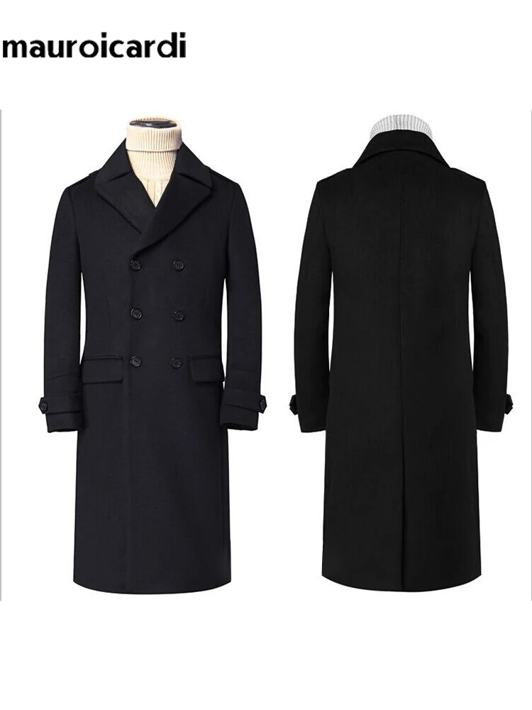 Mauroicardi Autumn Winter Long Warm Smart Casual Navy Blue Black Woolen Coat Men Double Breasted Luxury Wool Blends Overcoat