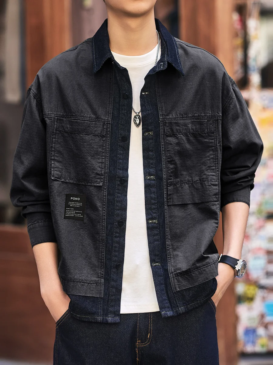 

Мужское повседневное джинсовое пальто из двух предметов с свободным воротником в стиле пэчворк, осенняя одежда, удобное длинное пальто-стойка