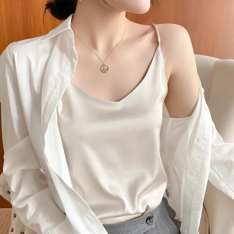 2023 Summer New Silk Sling Women's V-neck Vest Satin Outer Wear Suit Inner Base Mulberry Silk