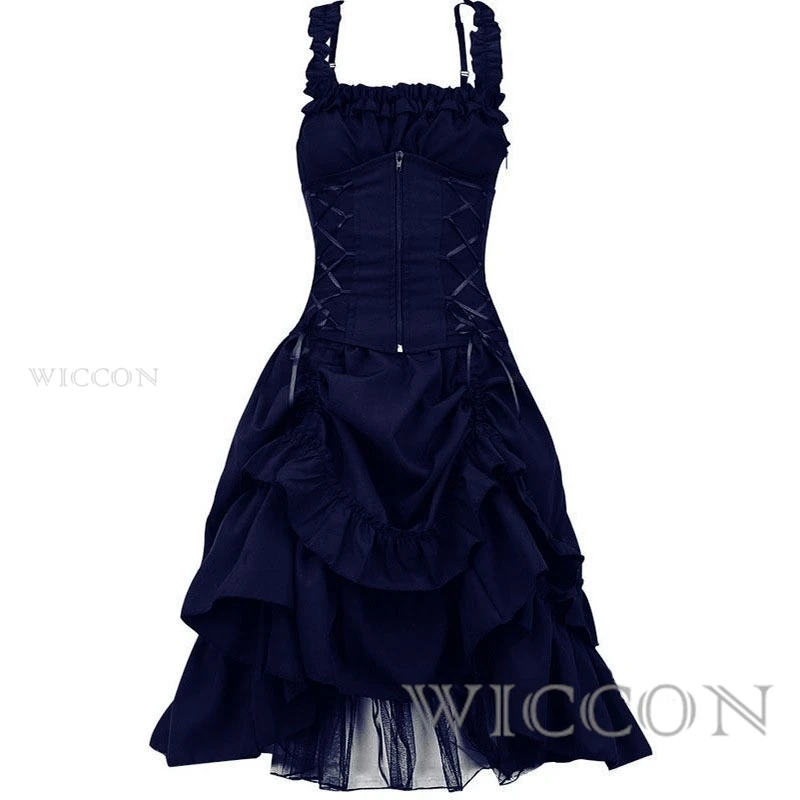 Halloween Middeleeuwse Cosplay Vintage Elegante Veters Corset Taille Vampier Gothic Retro Y 2K Vrouwen Punk Sexy Mouwloze Lolita Jurk