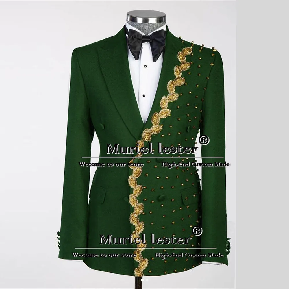 Man Formal Party Groom Wedding Tuxedo Crystals Beaded Suits Men Double Breasted Jacket Pants 2 Pieces Male Fashion Bnaquet Dress