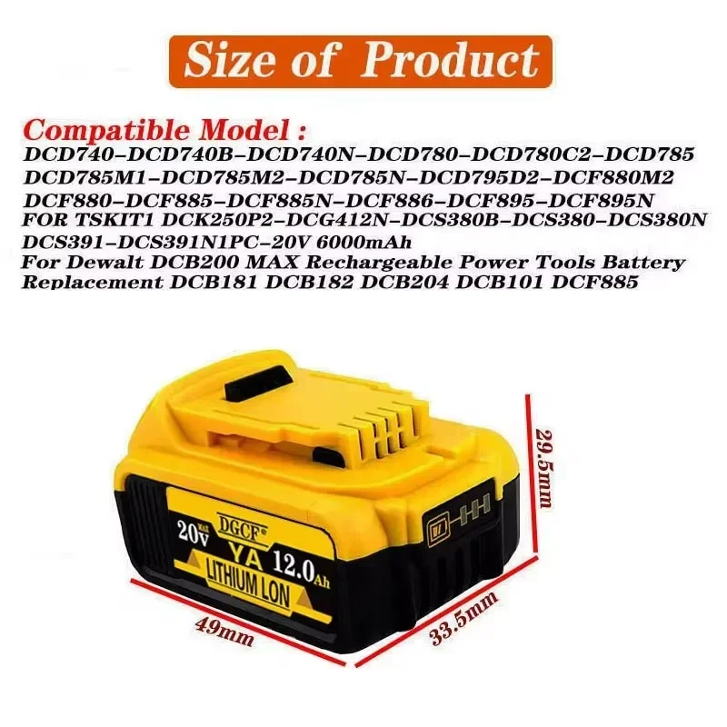 12000mAh DCB200 20V Battery Compatible with For dewalt power Tools 18V rechargeable electric tool Lithium batteries 20V 18Volt