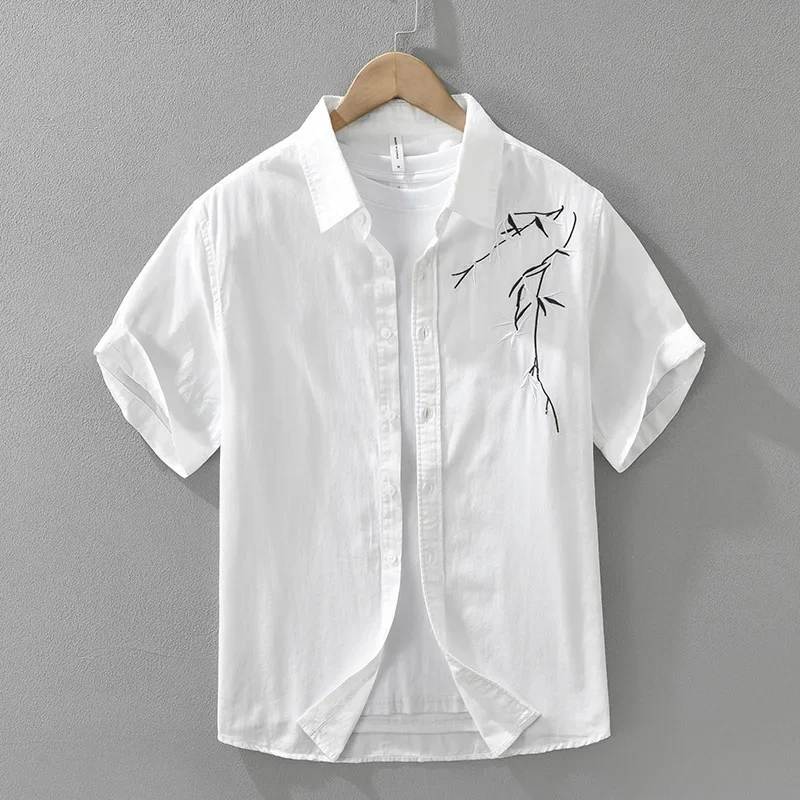 

Japanese Embroidery Shirt Men 2026 Summer New White Shirt Men Short Sleeve Daily Casual 100% Cotton Button Up Shirt Fashion Tops