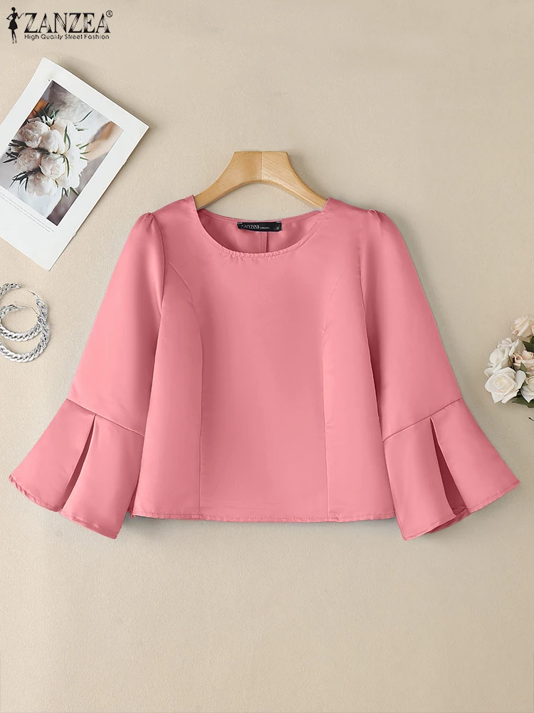 ZANZEA Moda Donna Top in raso lucido Slim-Fit Primavera Estate Manica svasata a 3/4 Blusas Mujer O-Collo Pendolarismo Camicette eleganti