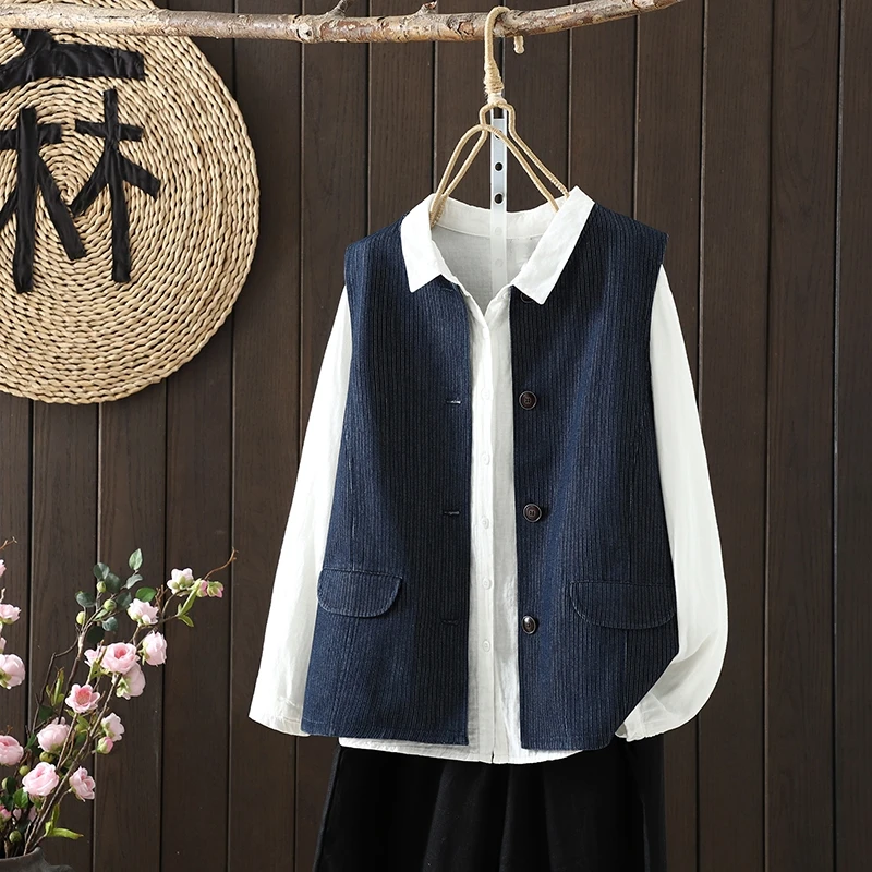 

Японский синий жилет в стиле ретро, женский ранний весенний повседневный простой универсальный джинсовый жилет-джат, круглый топ с одной пуговицей